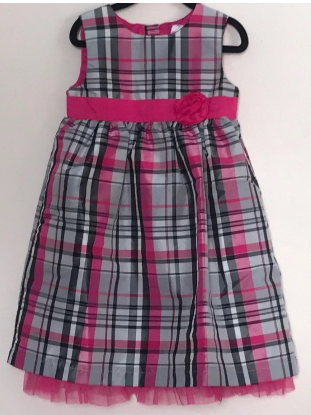 Carter’s pink white black grey plaid taffeta holiday dress size 4